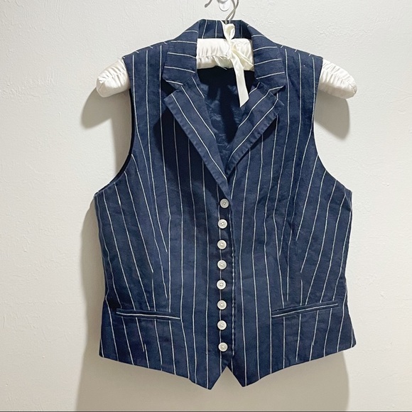 LAUREN RALPH LAUREN Women’s Navy Blue Pinstripe Button Front Linen Lined Vest